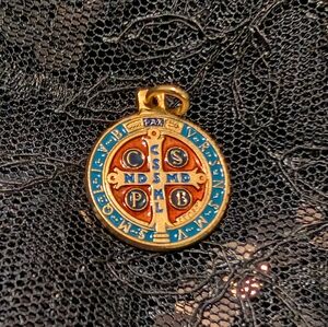 Gold and Blue St. Benedict Medallion Pendant.